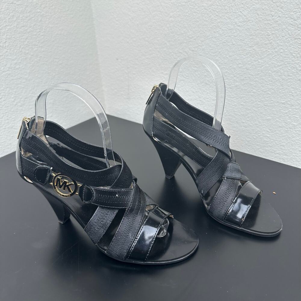 Michael Kors Women Black Elastic Strap Gold Logo Wedge Sandals Size 6.5M